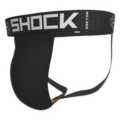 Shock Doctor Core Supporter with Cup Pocket in black, front three-quarter view showing mesh cup pocket and branded waistband