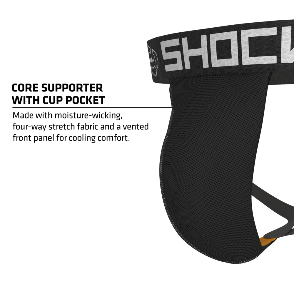 Shock Doctor Core Supporter with Cup Pocket in black, highlighting moisture-wicking four-way stretch fabric and vented front panel for cooling comfort
