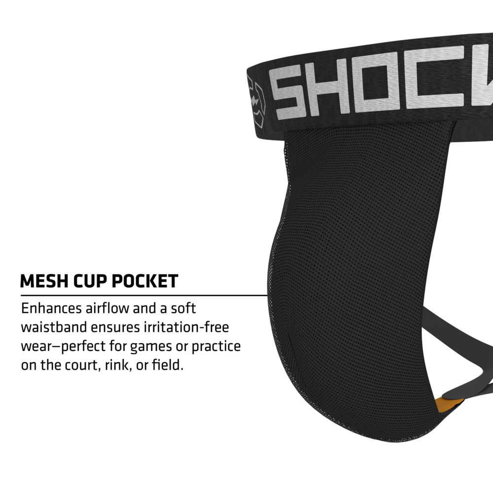 Shock Doctor Core Supporter with Cup Pocket in black, showing mesh cup pocket designed for airflow and soft waistband for irritation-free wear