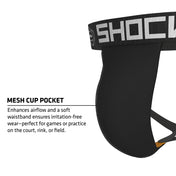 Shock Doctor Core Supporter with Cup Pocket in black, showing mesh cup pocket designed for airflow and soft waistband for irritation-free wear