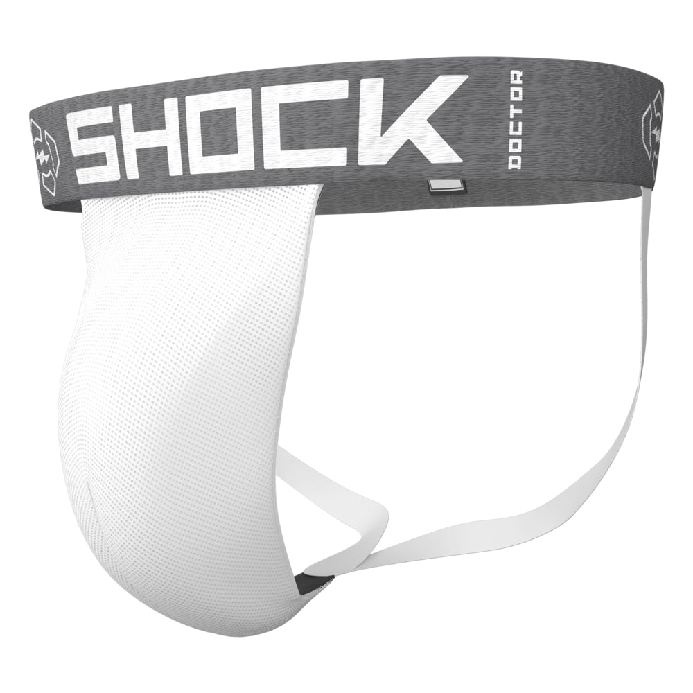 Shock Doctor Core Supporter with Cup Pocket in white, front three-quarter view showing mesh cup pocket and branded waistband