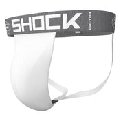 Shock Doctor Core Supporter with Cup Pocket in white, front three-quarter view showing mesh cup pocket and branded waistband