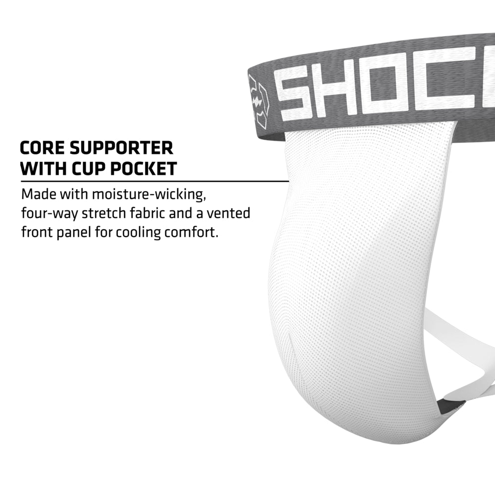 Shock Doctor Core Supporter with Cup Pocket in white, highlighting moisture-wicking four-way stretch fabric and vented front panel for cooling comfort