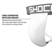 Shock Doctor Core Supporter with Cup Pocket in white, highlighting moisture-wicking four-way stretch fabric and vented front panel for cooling comfort