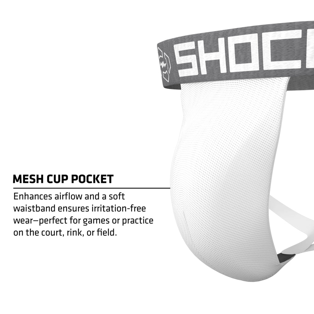 Shock Doctor Core Supporter with Cup Pocket in white, showing mesh cup pocket designed for airflow and soft waistband for irritation-free wear