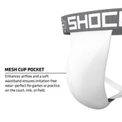 Shock Doctor Core Supporter with Cup Pocket in white, showing mesh cup pocket designed for airflow and soft waistband for irritation-free wear