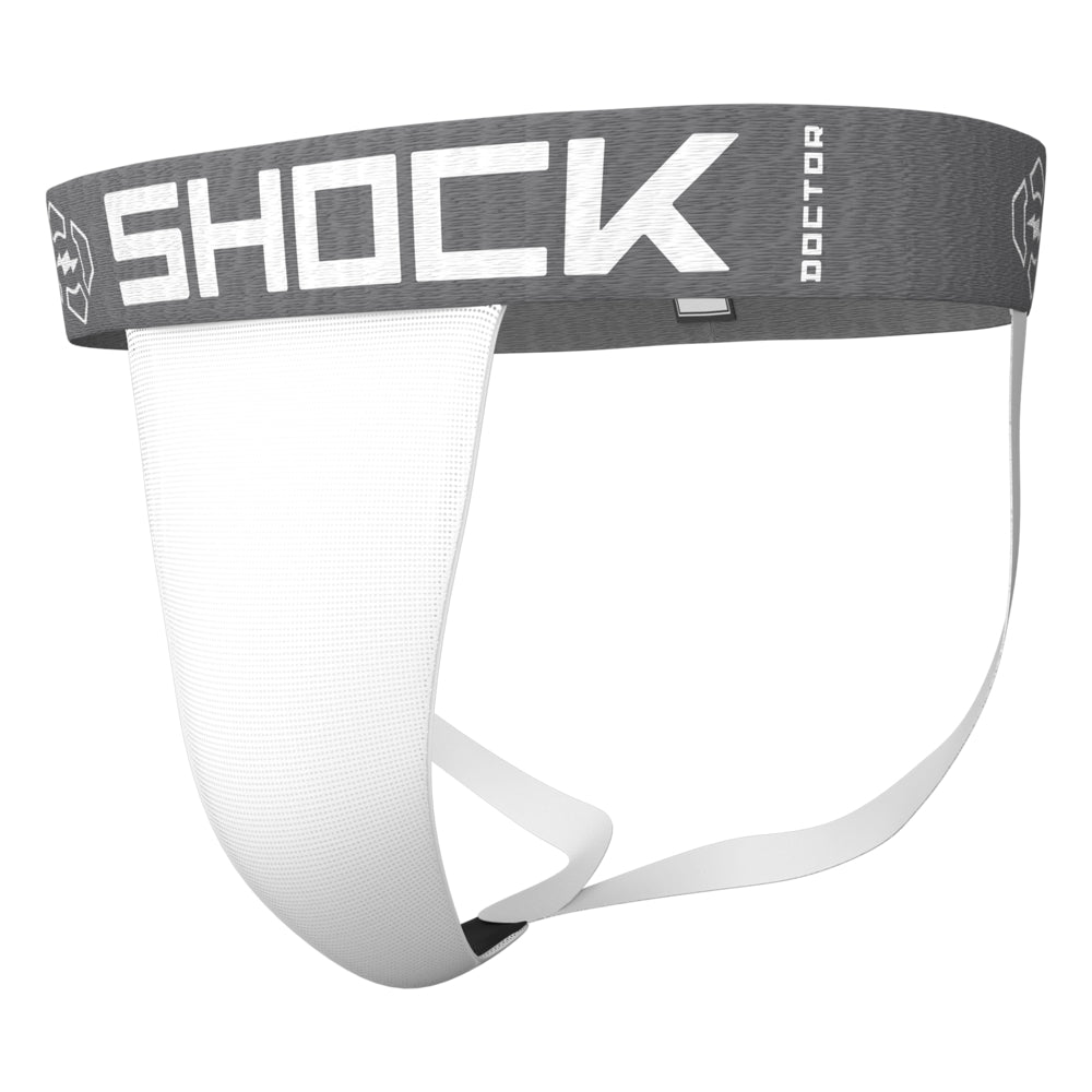 Shock Doctor Core Supporter Without Cup Pocket in white, front three-quarter view showing four-way stretch fabric with vented mesh panel and branded waistband