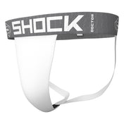 Shock Doctor Core Supporter Without Cup Pocket in white, front three-quarter view showing four-way stretch fabric with vented mesh panel and branded waistband