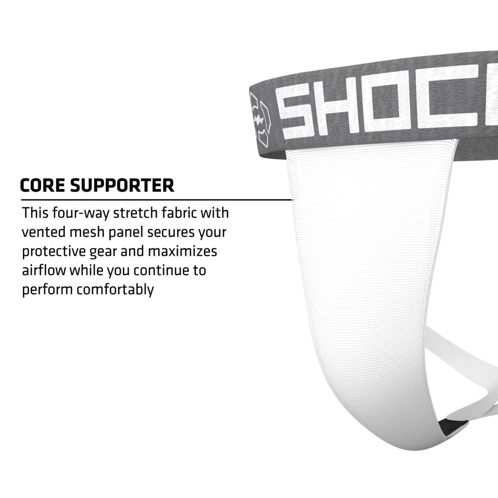 Shock Doctor Core Supporter Without Cup Pocket in white, highlighting four-way stretch fabric with vented mesh panel that secures protective gear and maximizes airflow for comfortable performance