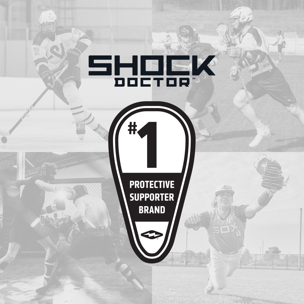 Shock Doctor #1 Protective Cup Brand badge featured over collage of athletes playing Hockey, Lacrosse, MMA, and Baseball