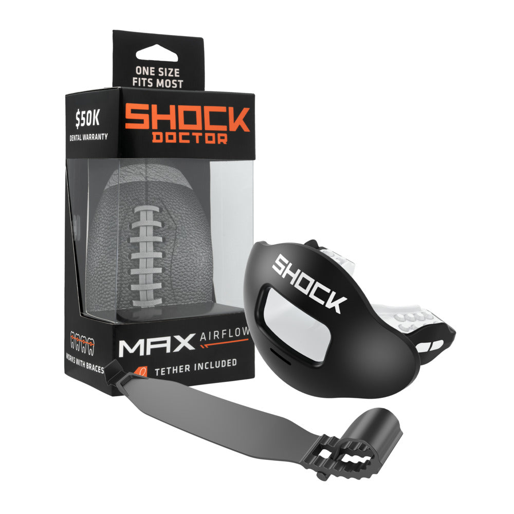 Shock Doctor Max AirFlow Football Mouthguard - Black - Front View Shown with Tether and Packaging
