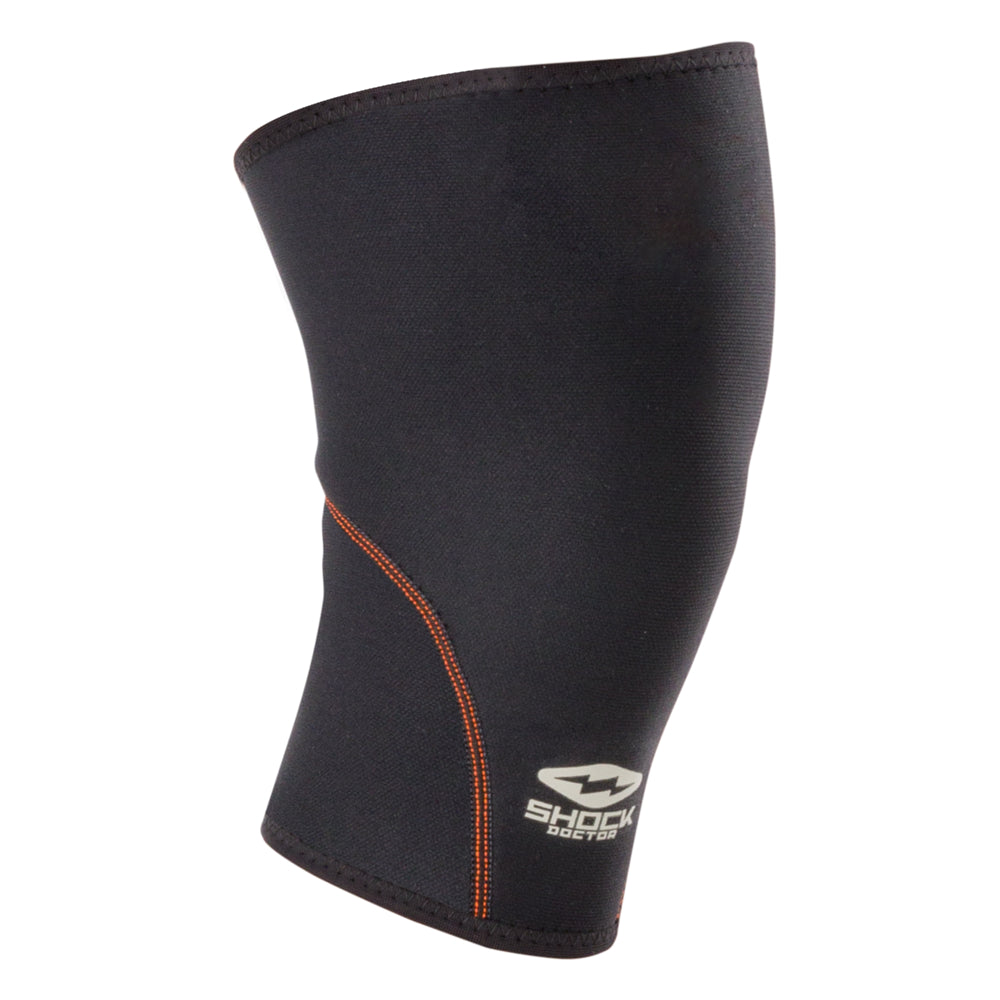 Shock Doctor Knee Sleeve, black compression sleeve with orange stitching detail, product-only view
