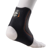 Shock Doctor Ankle Sleeve worn on foot, back view showing compression fit around the heel and Achilles