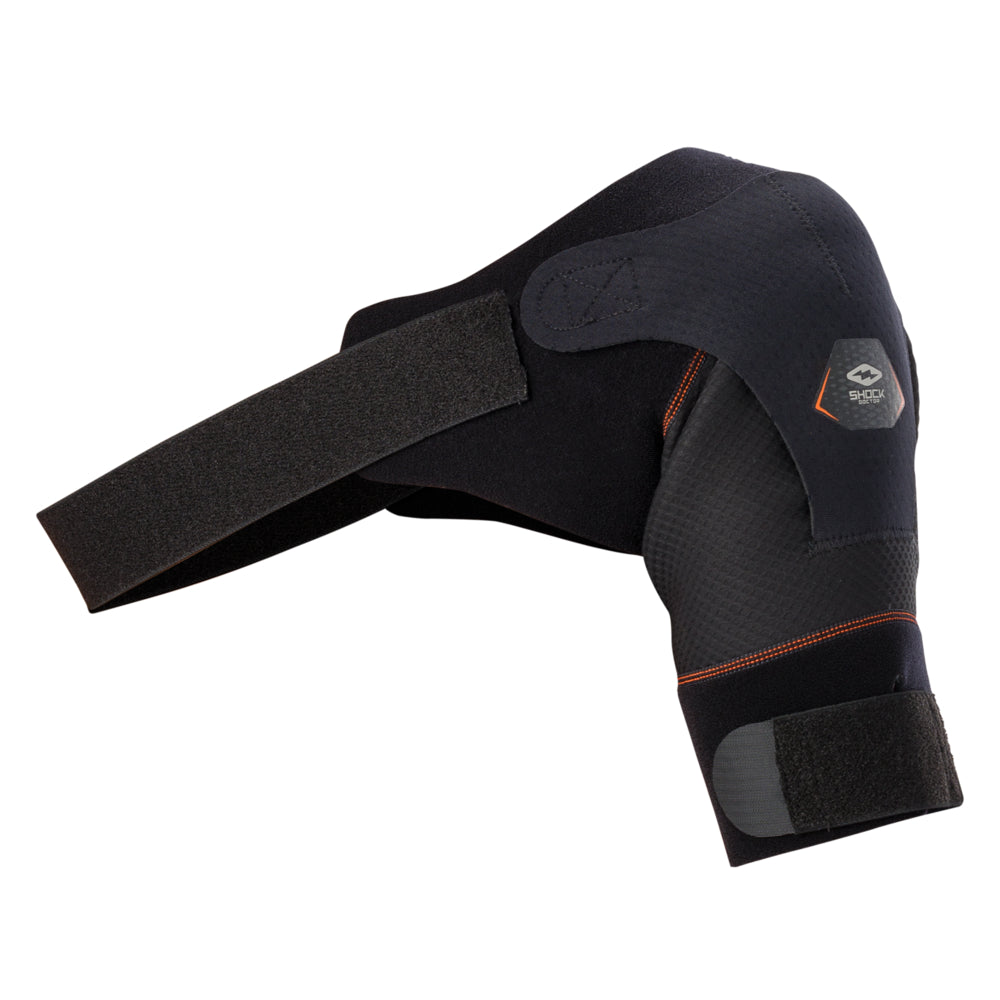 Shock Doctor Shoulder Wrap in black neoprene, product-only side view showing underarm strap and cap sleeve design
