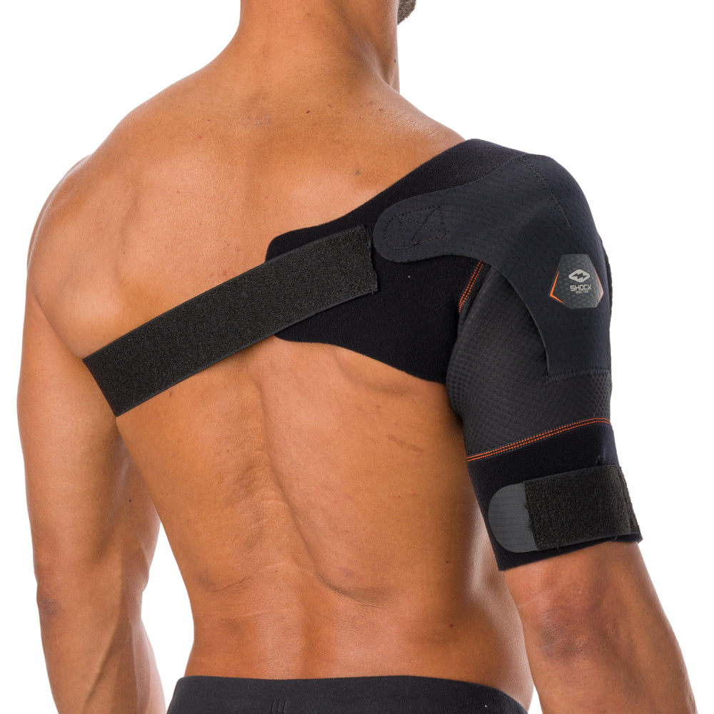 Shock Doctor Shoulder Wrap worn on the shoulder, rear view showing underarm strap and closure