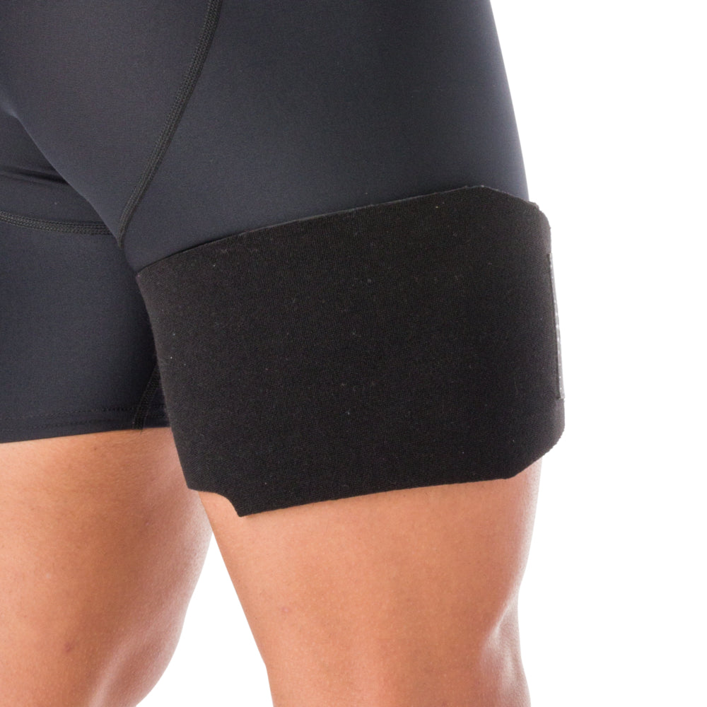 Shock Doctor Adjustable Groin Wrap worn on the upper thigh, side view showing full wrap coverage