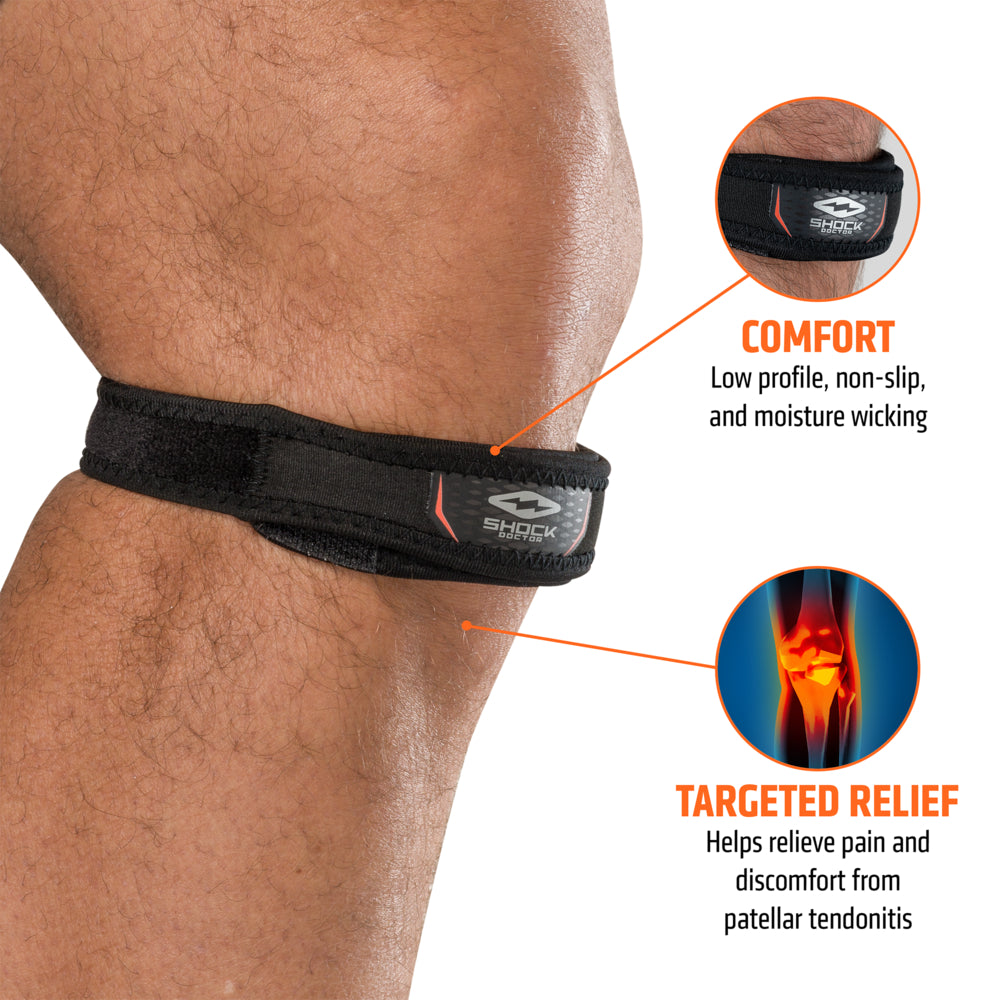Diagram highlighting Jumper Knee Strap comfort and targeted compression relief for patellar tendonitis pain