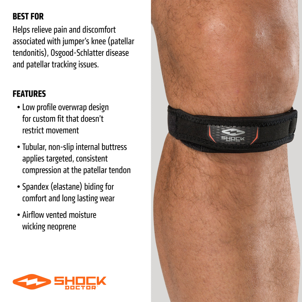 Infographic listing Jumper Knee Strap features: non-slip internal buttress, custom-fit overwrap, vented moisture-wicking neoprene