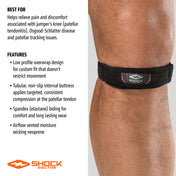 Infographic listing Jumper Knee Strap features: non-slip internal buttress, custom-fit overwrap, vented moisture-wicking neoprene