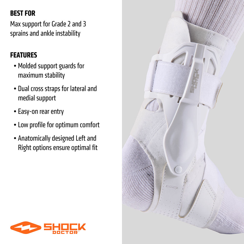BEST FOR: Max support for Grade 2 and 3 sprains and ankle instability

FEATURES:
- Molded support guards for maximum stability
- Dual cross straps for lateral and medial support
- Easy-on rear entry
- Low profile for optimum comfort
- Anatomically designed Left and Right options ensure optimal fit