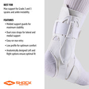 BEST FOR: Max support for Grade 2 and 3 sprains and ankle instability

FEATURES:
- Molded support guards for maximum stability
- Dual cross straps for lateral and medial support
- Easy-on rear entry
- Low profile for optimum comfort
- Anatomically designed Left and Right options ensure optimal fit