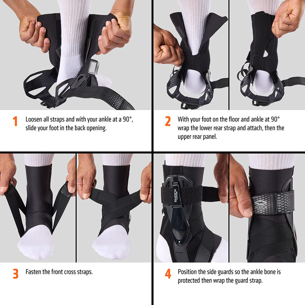 Instructions:
1) Loosen all straps and with your ankle at 90 degrees, slide your foot in the back opening

2) With your foot on the floor and ankle at 90 degrees, wrap the lower rear strap and attach, then the upper rear panel

3) Fasten the front cross straps

4) Position the side guards so the ankle bone is protected then wrap the guard strap