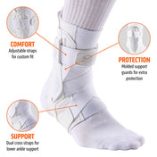 COMFORT- Adjustable straps for custom fit

PROTECTION- Molded support guards for extra protection

SUPPORT- Dual cross straps for lower ankle support