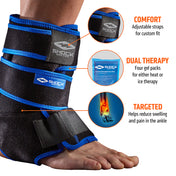 Shock Doctor Ice Recovery Compression Ankle Wrap  - Tech Specs 1) Comfort: Adjustable straps for custom fit 2) Dual Therapy: Three Gel packs for either heat or ice therapy and recovery 3) Targeted: Helps reduce swelling and pain in the ankle