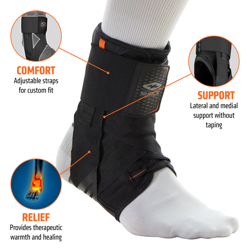 Shock Doctor Ultra Gel Lace Ankle Support with Straps providing adjustable comfort, lateral and medial stability, and therapeutic warmth for injury recovery. Ideal for athletes needing ankle protection without taping. Shown worn on foot with feature callouts and Shock Doctor logo.