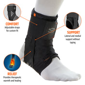 Shock Doctor Ultra Gel Lace Ankle Support with Straps providing adjustable comfort, lateral and medial stability, and therapeutic warmth for injury recovery. Ideal for athletes needing ankle protection without taping. Shown worn on foot with feature callouts and Shock Doctor logo.
