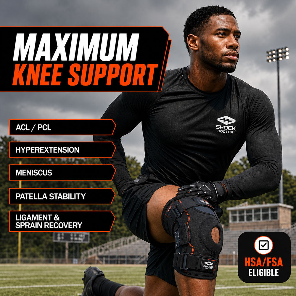 Athlete kneeling on a football field wearing the Shock Doctor Ultra Knee Support with Bilateral Hinges. Text reads "Maximum knee support" for ACL/PCL, hyperextension, meniscus, patella stability, and ligament and sprain recovery. HSA/FSA eligible.