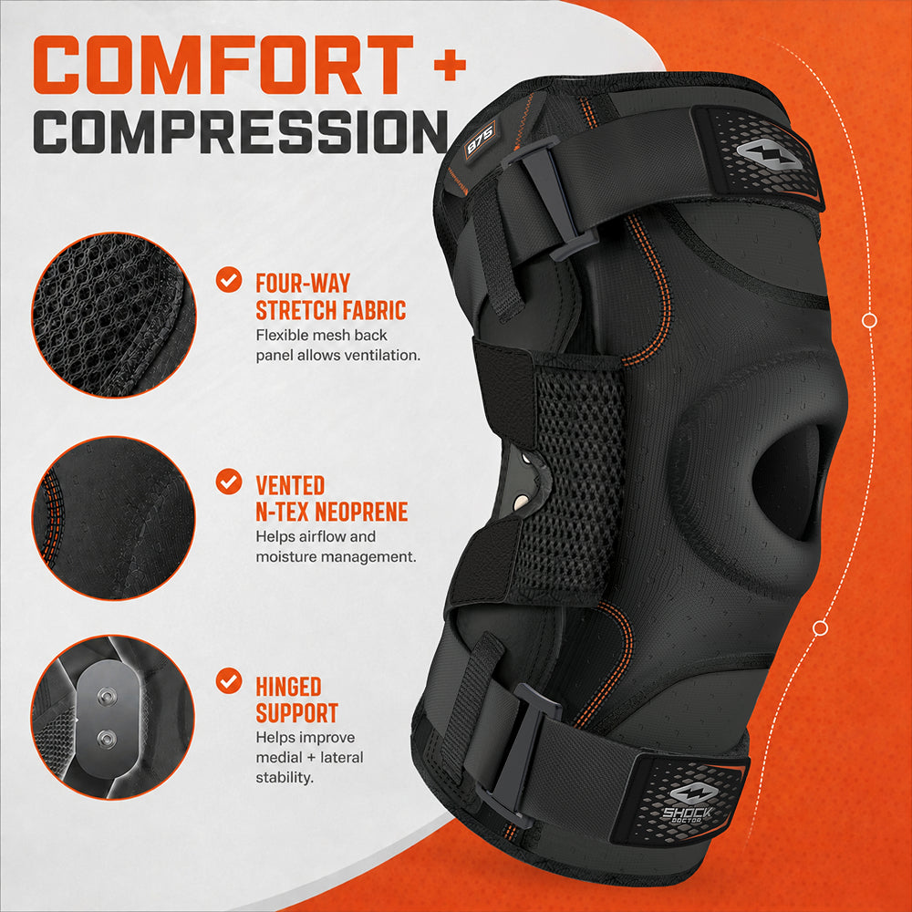 Close-up of the Shock Doctor Ultra Knee Support with Bilateral Hinges highlighting three features: four-way stretch fabric with a ventilated mesh back panel, vented N-Tex neoprene for airflow and moisture management, and hinged support for medial and lateral stability.
