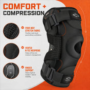 Close-up of the Shock Doctor Ultra Knee Support with Bilateral Hinges highlighting three features: four-way stretch fabric with a ventilated mesh back panel, vented N-Tex neoprene for airflow and moisture management, and hinged support for medial and lateral stability.