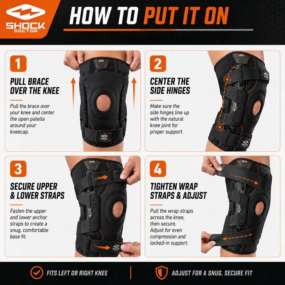 Four-step guide to putting on the Shock Doctor Ultra Knee Support with Bilateral Hinges: 1) pull the brace over the knee and center the open patella around the kneecap, 2) line up the side hinges with the knee joint, 3) secure the upper and lower anchor straps, 4) pull the wrap straps across the knee and adjust for even compression. Fits left or right knee.