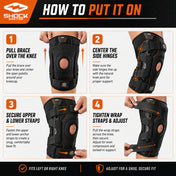 Four-step guide to putting on the Shock Doctor Ultra Knee Support with Bilateral Hinges: 1) pull the brace over the knee and center the open patella around the kneecap, 2) line up the side hinges with the knee joint, 3) secure the upper and lower anchor straps, 4) pull the wrap straps across the knee and adjust for even compression. Fits left or right knee.