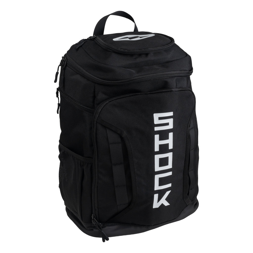 Black backpack with 'Shock' branding on a white background