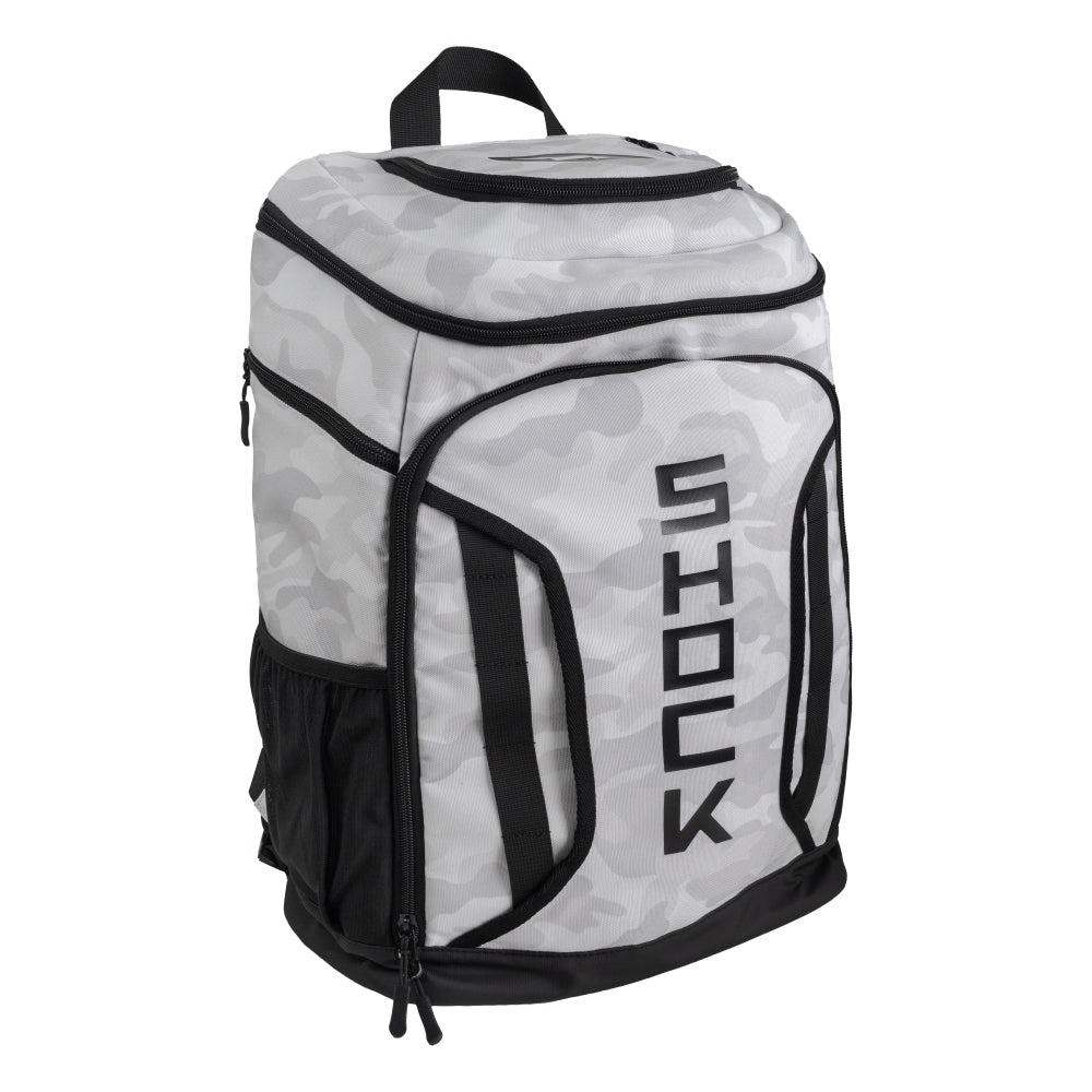 Backpack with black and white design on a white background