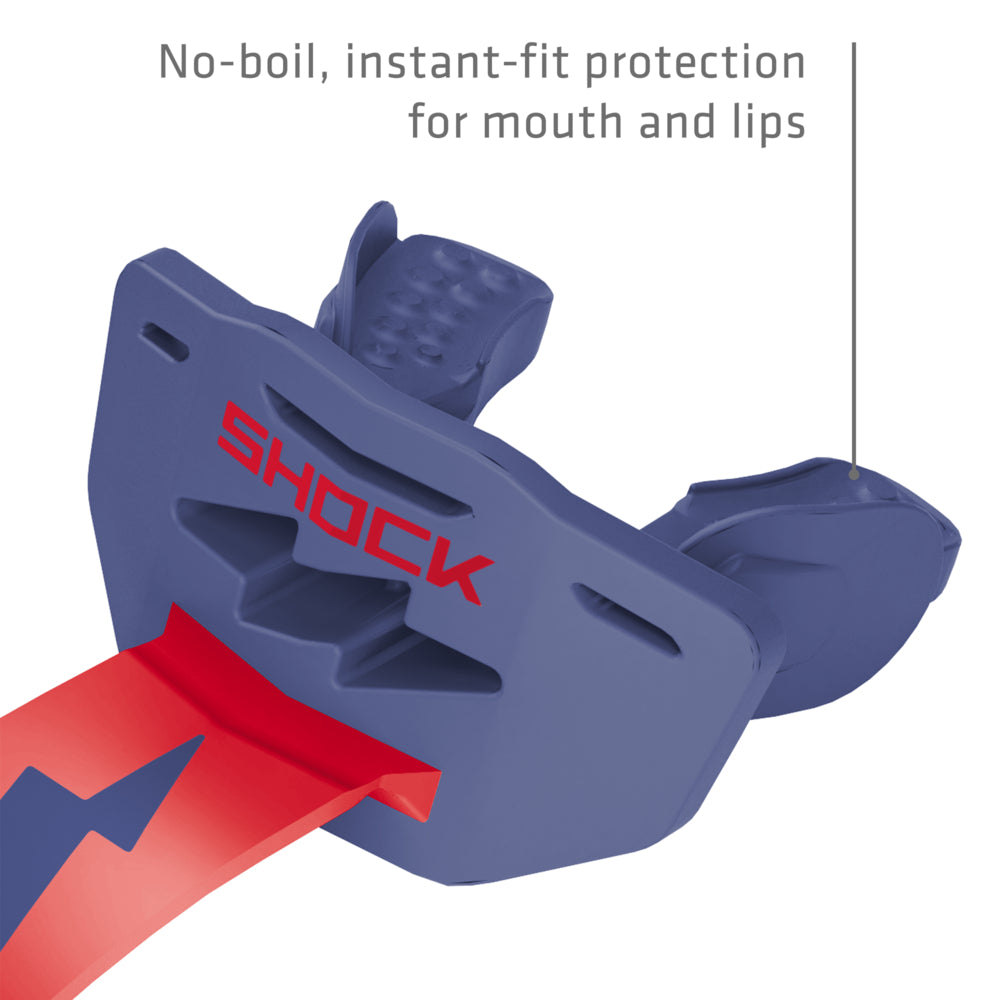 Red Shock Doctor Thunder Bolt Lip Guard showing no-boil, instant-fit protection for the mouth and lips