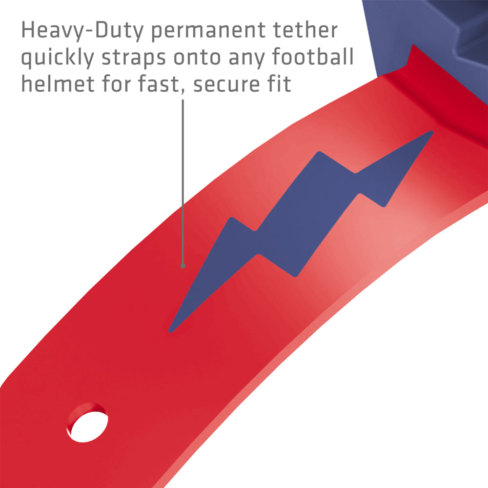 Heavy-duty permanent tether on the Navy/Red Shock Doctor Thunder Bolt Lip Guard that straps onto a football helmet