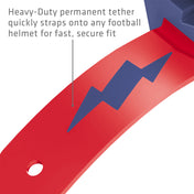 Heavy-duty permanent tether on the Navy/Red Shock Doctor Thunder Bolt Lip Guard that straps onto a football helmet