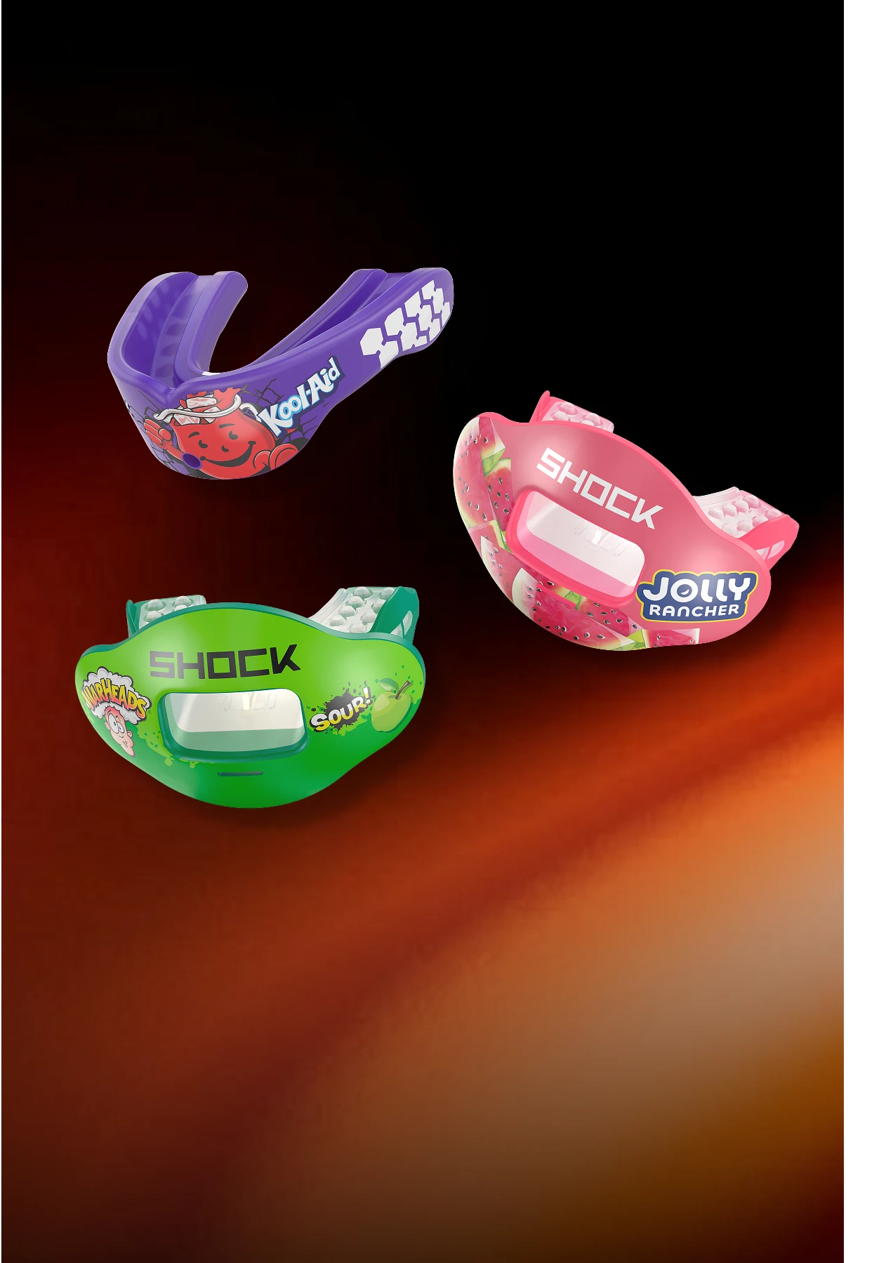 Five mouthguards in different colors (pink, purple, green, red, and blue) floating against a dark gradient background with an orange glow at the bottom.