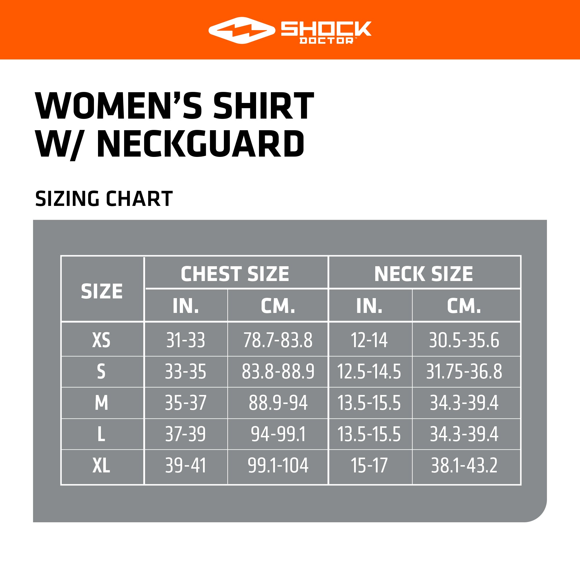 Women's Shirt with Neckguard Sizing Chart Image