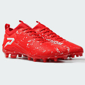Kool-Aid Cherry Quantum Speed football cleats by Phenom Elite, red pair with white paint splatter and white P logo