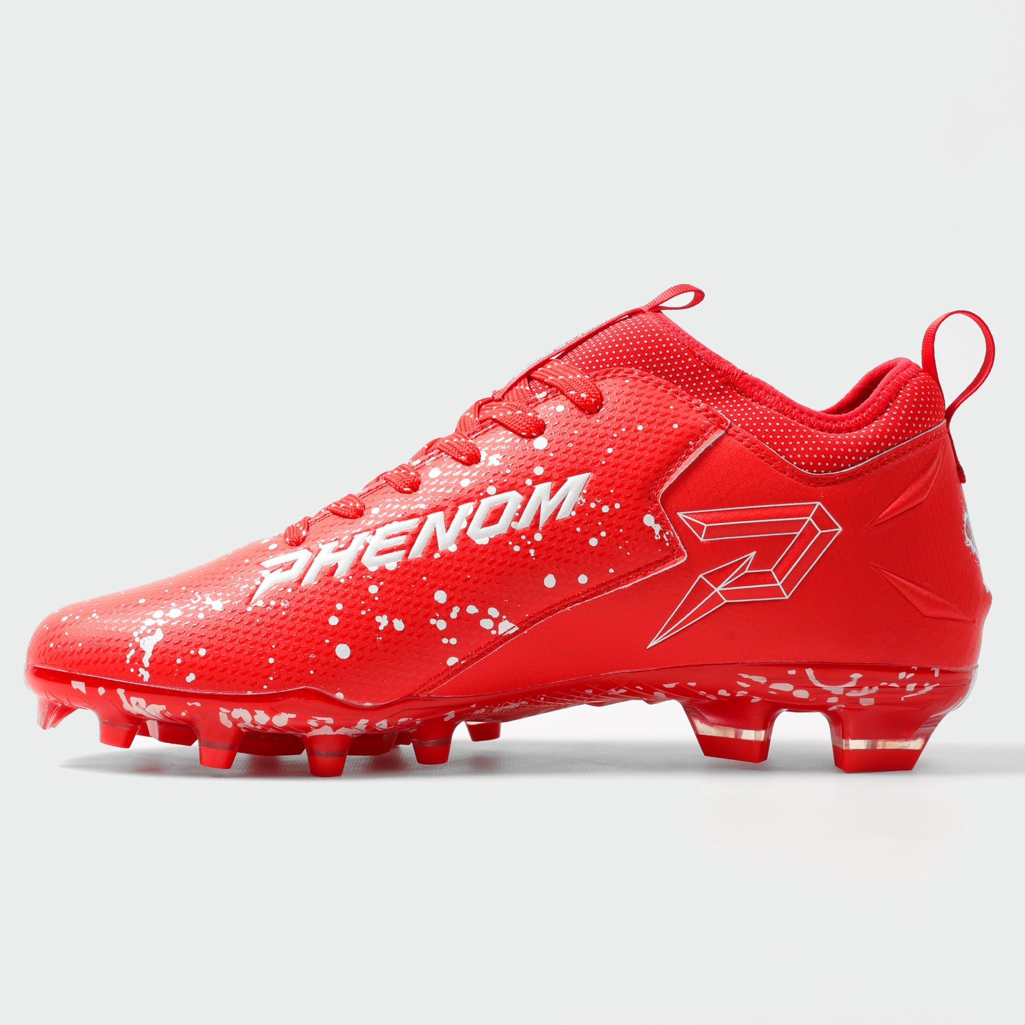 Kool-Aid Cherry Quantum Speed cleat by Phenom Elite, inside view with white PHENOM lettering and outlined P logo
