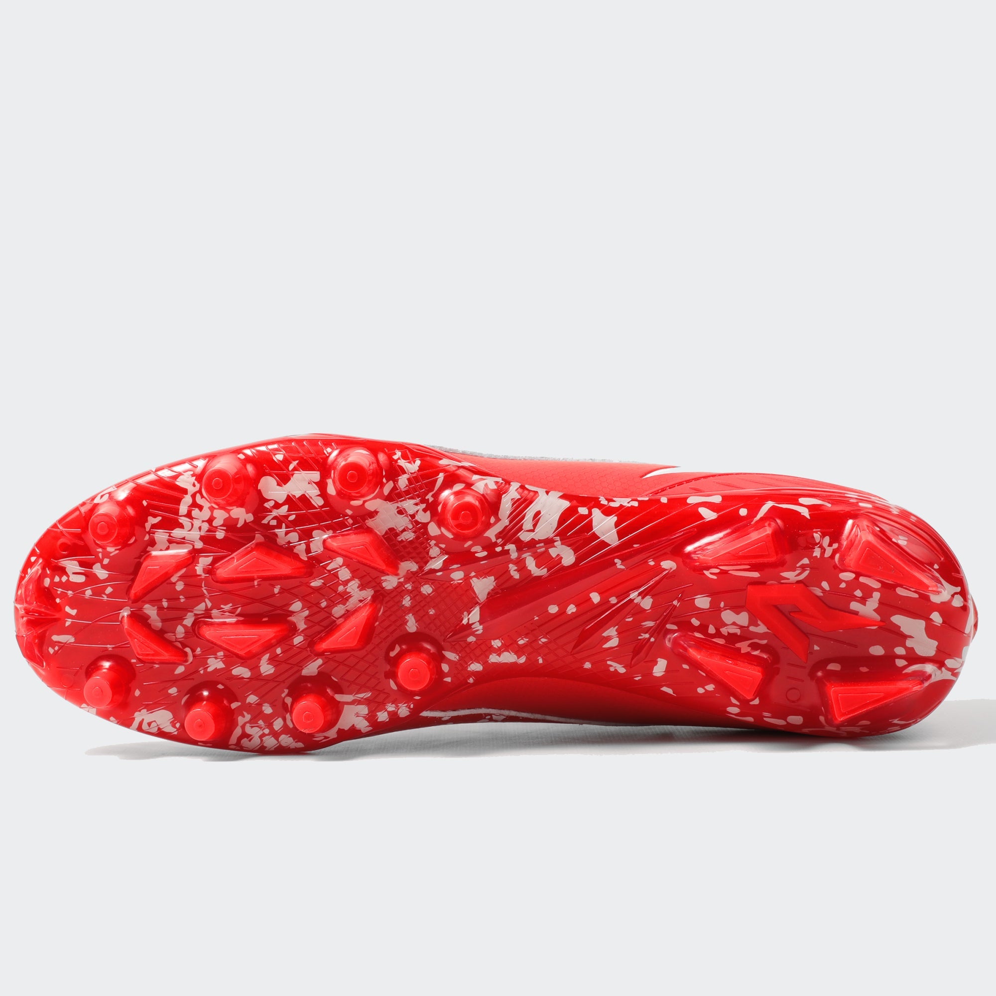 Kool-Aid Cherry Quantum Speed cleat by Phenom Elite, bottom view of red and white splatter traction plate and studs