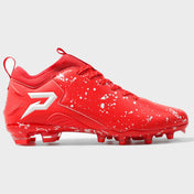 Kool-Aid Cherry Quantum Speed cleat by Phenom Elite, side profile in red with white splatter and white P logo