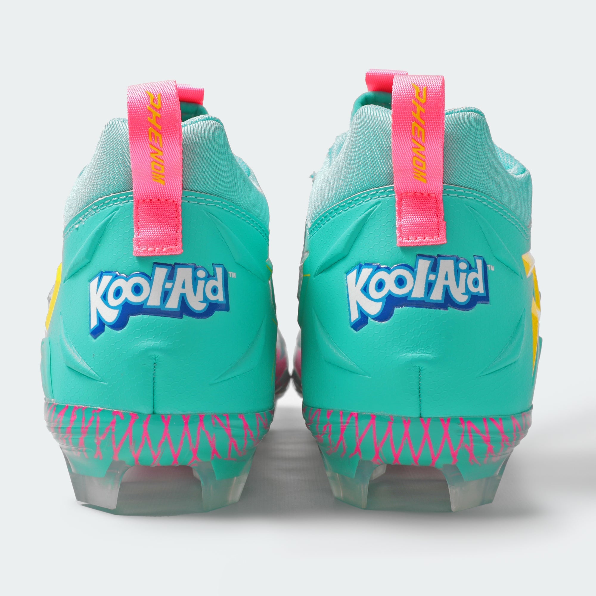 Kool-Aid Sharkleberry Fin cleats by Phenom Elite, heel view with Kool-Aid logo and pink PHENOM pull tabs