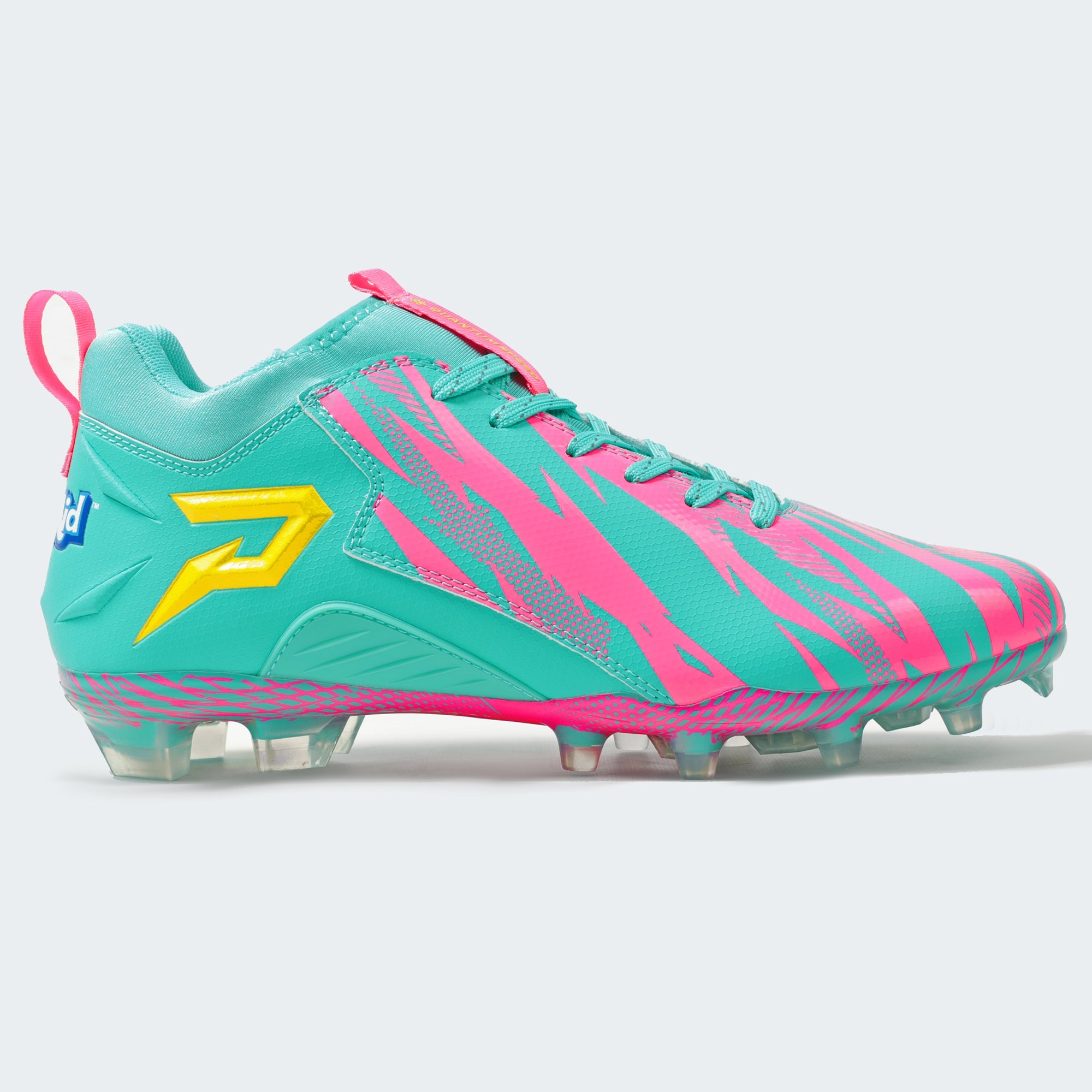 Kool-Aid Sharkleberry Fin cleat by Phenom Elite, side profile in teal with pink graphics and yellow P logo
