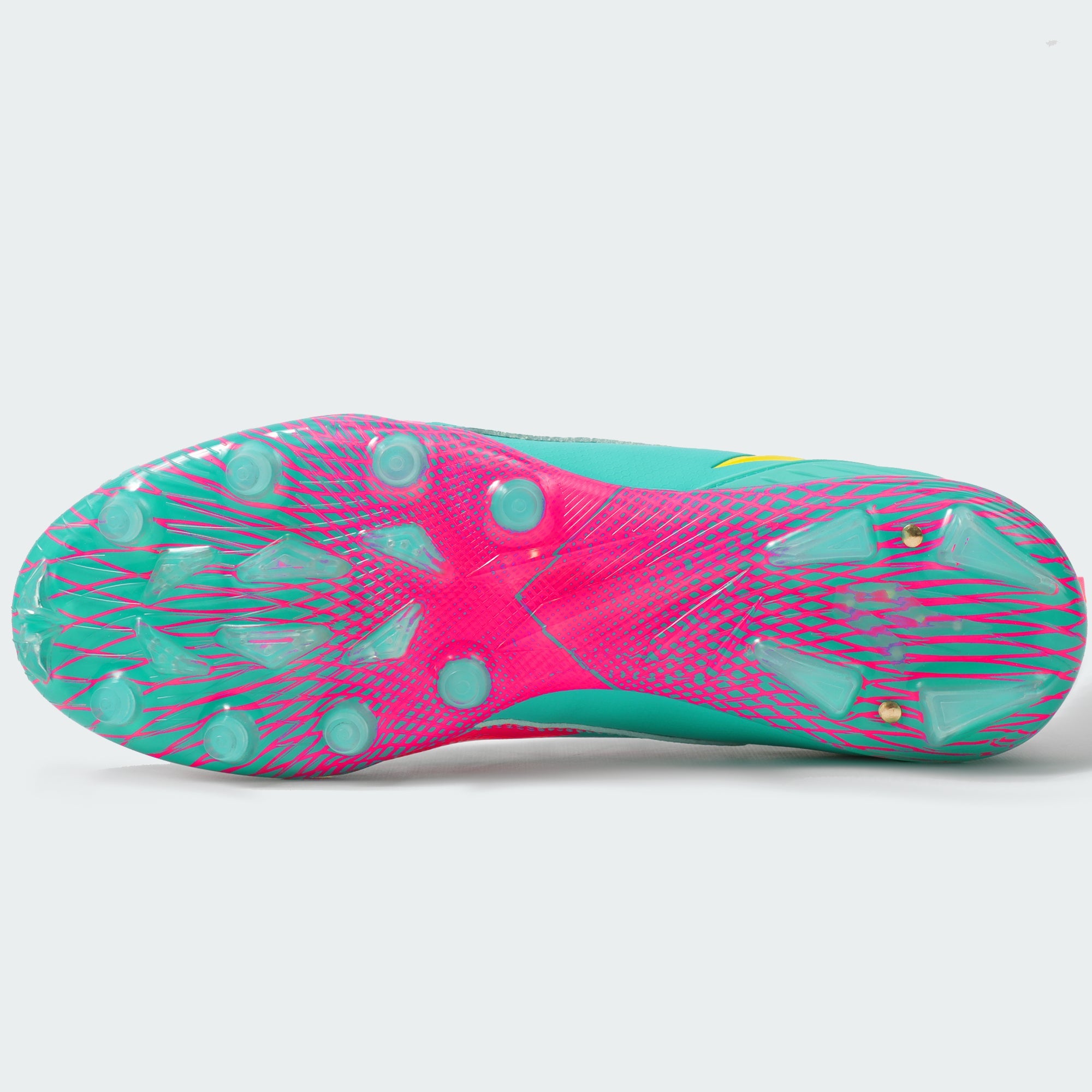 Kool-Aid Sharkleberry Fin cleat by Phenom Elite, bottom view of pink and teal traction plate with clear studs