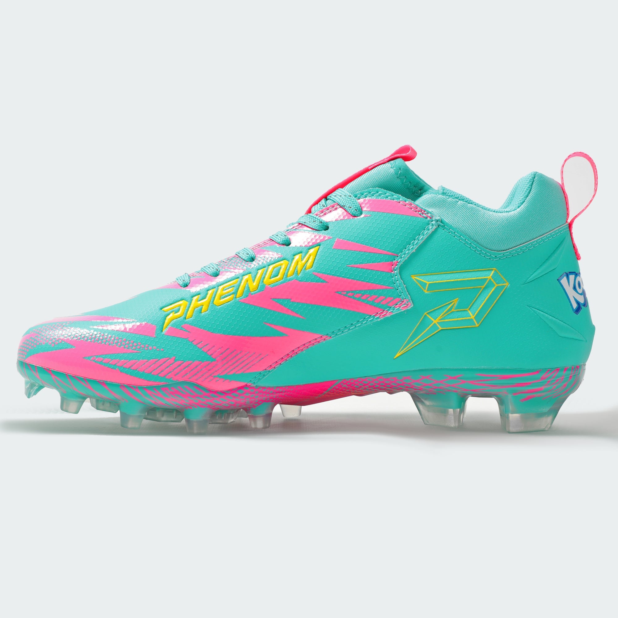 Kool-Aid Sharkleberry Fin cleat by Phenom Elite, inside view with yellow PHENOM lettering and outlined P logo